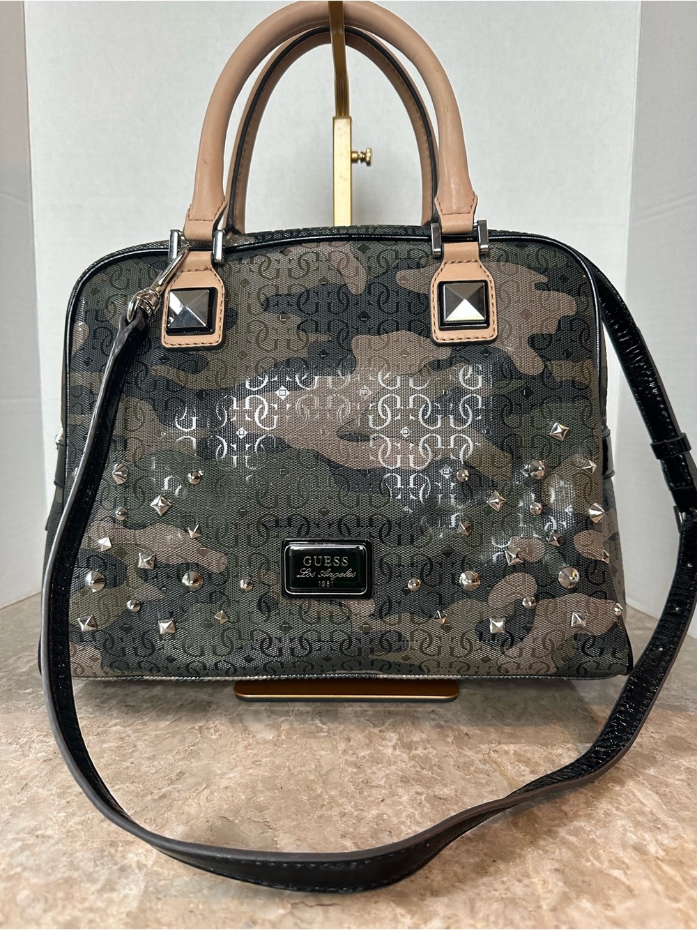GUESS Shiri Camouflage Studded Dome Satchel Crossbody Bag Camo Structured Grunge